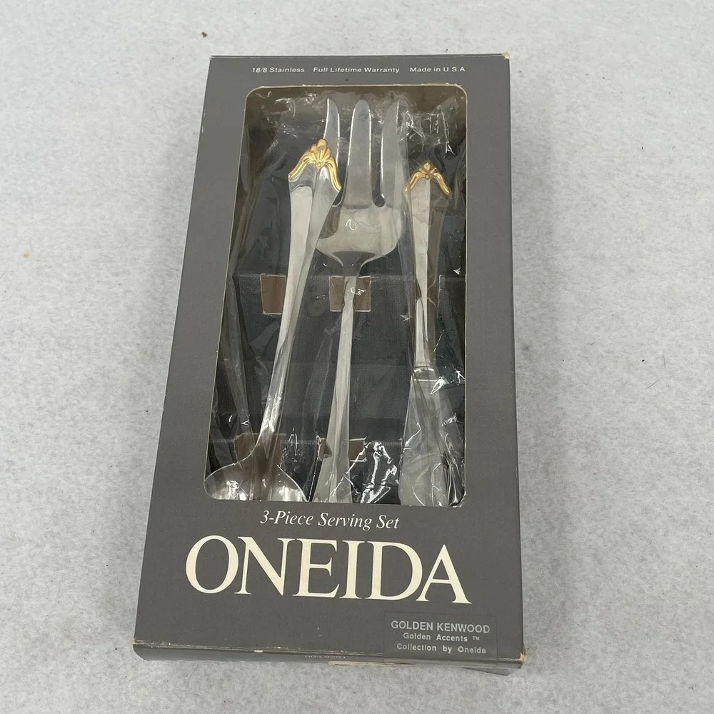Oneida Golden Kenwood 3 Piece Serving Set Stainless Gold Accent Vintage 1987 USA